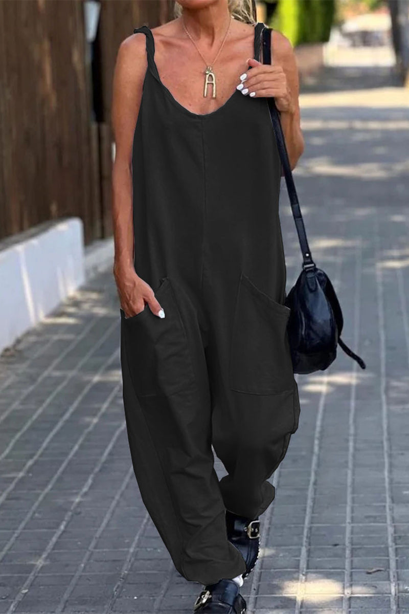 Casual Simplicity Solid Pocket U Neck Loose Jumpsuits(12 Colors)