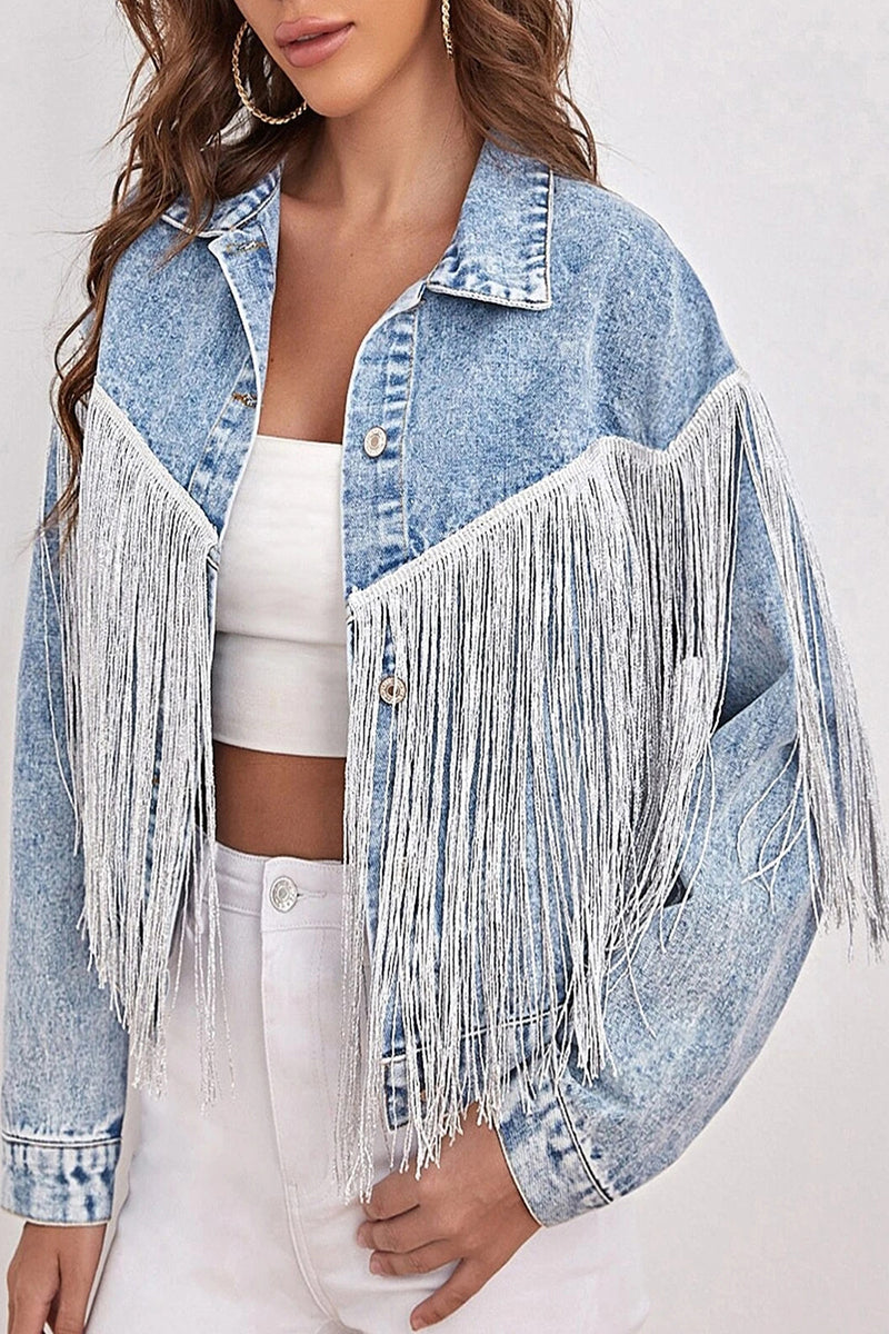 Casual Solid Tassel Patchwork Turndown Collar Long Sleeve Loose Denim Jacket