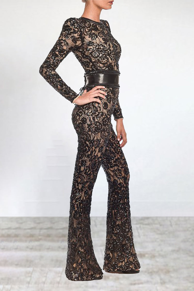 Celebrities Elegant Solid Lace Patchwork With Belt O Neck Regular Jumpsuits