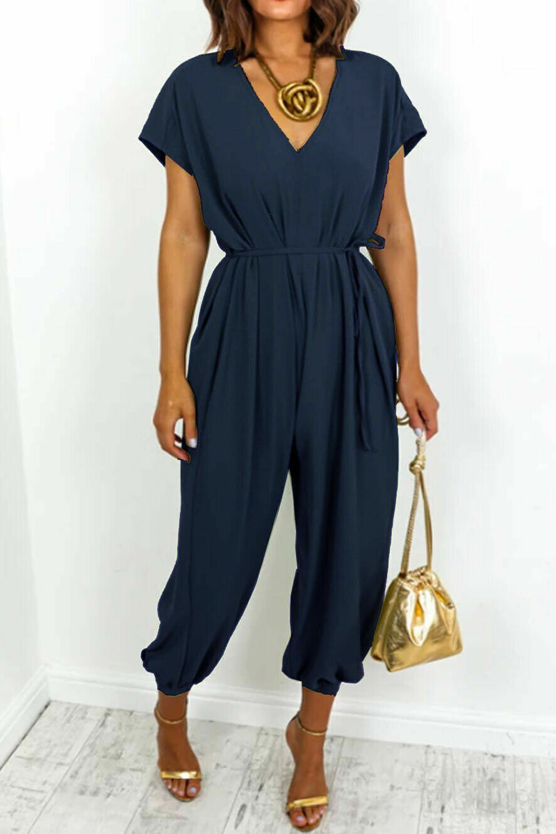 Casual Simplicity Solid Frenulum V Neck Loose Jumpsuits