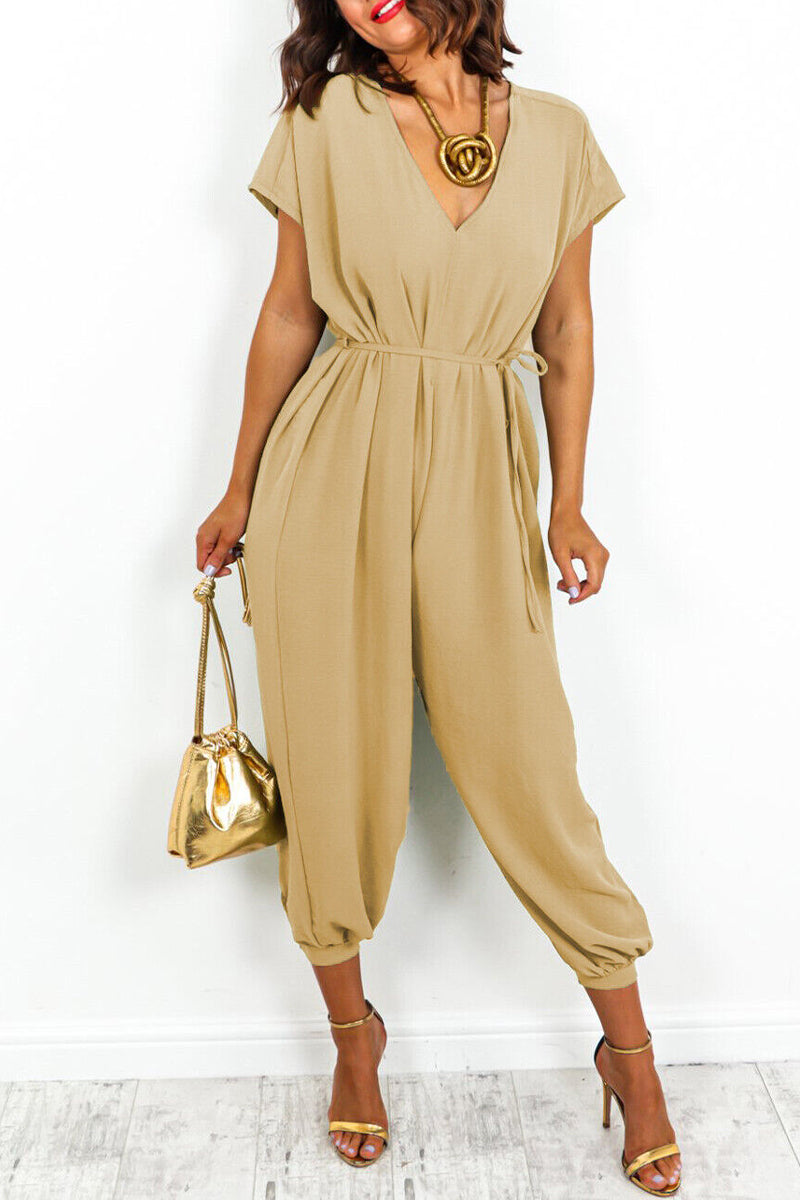 Casual Simplicity Solid Frenulum V Neck Loose Jumpsuits