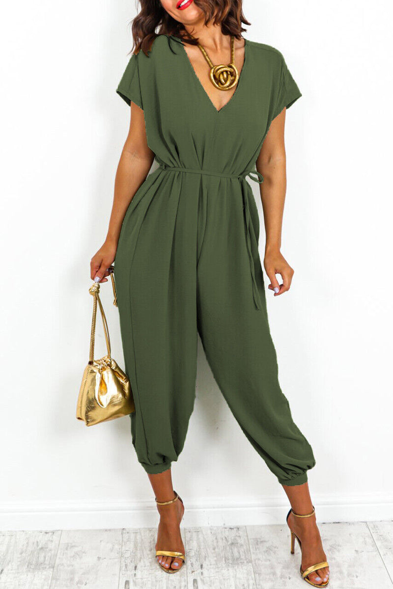 Casual Simplicity Solid Frenulum V Neck Loose Jumpsuits