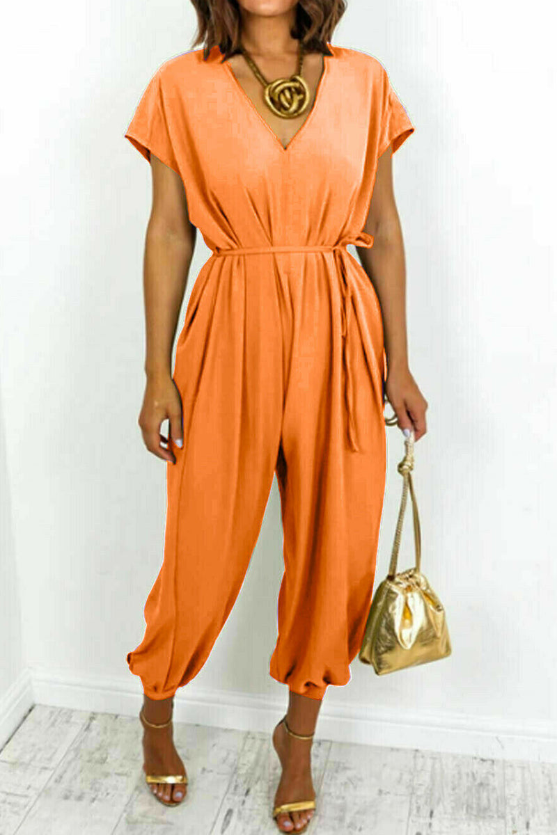 Casual Simplicity Solid Frenulum V Neck Loose Jumpsuits