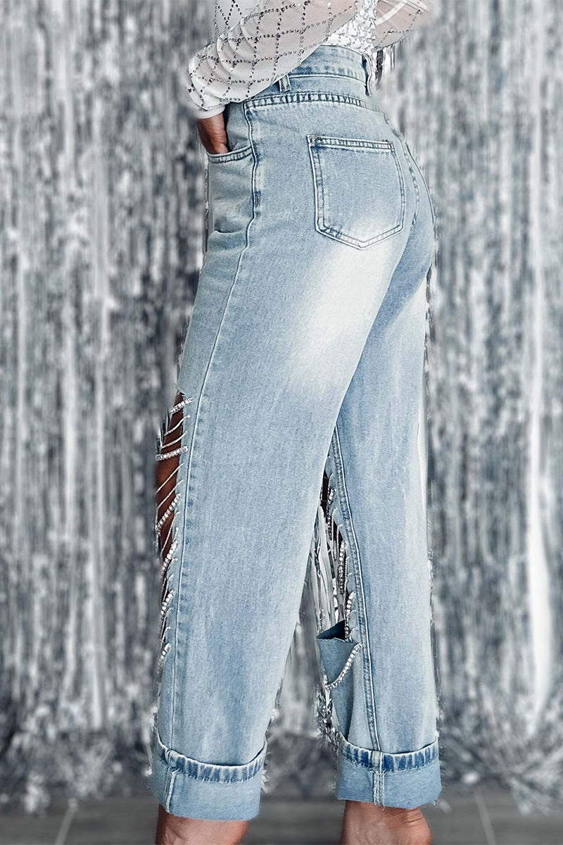 Street Solid Ripped Chains Loose Denim Jeans