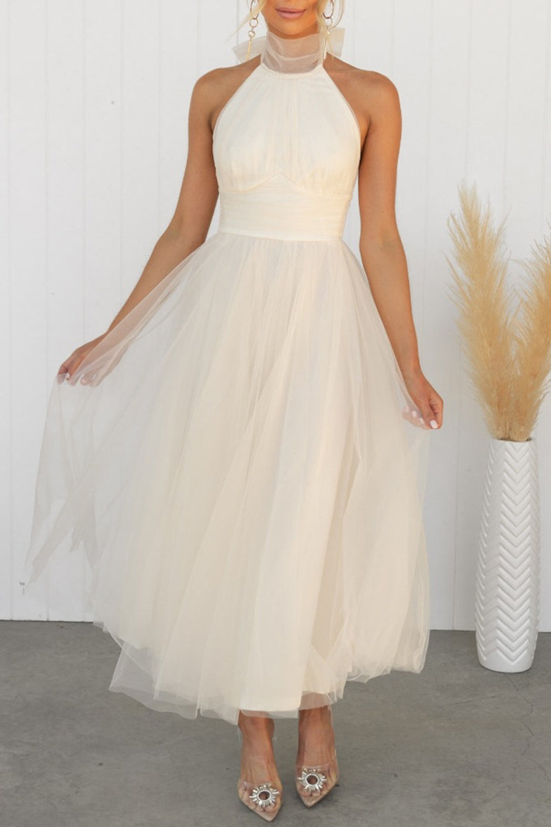 Sweet Elegant Solid Backless Halter A Line Dresses