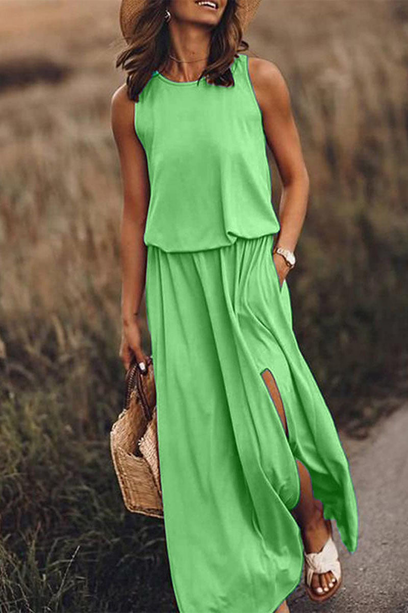 Work Elegant Solid Slit O Neck A Line Dresses