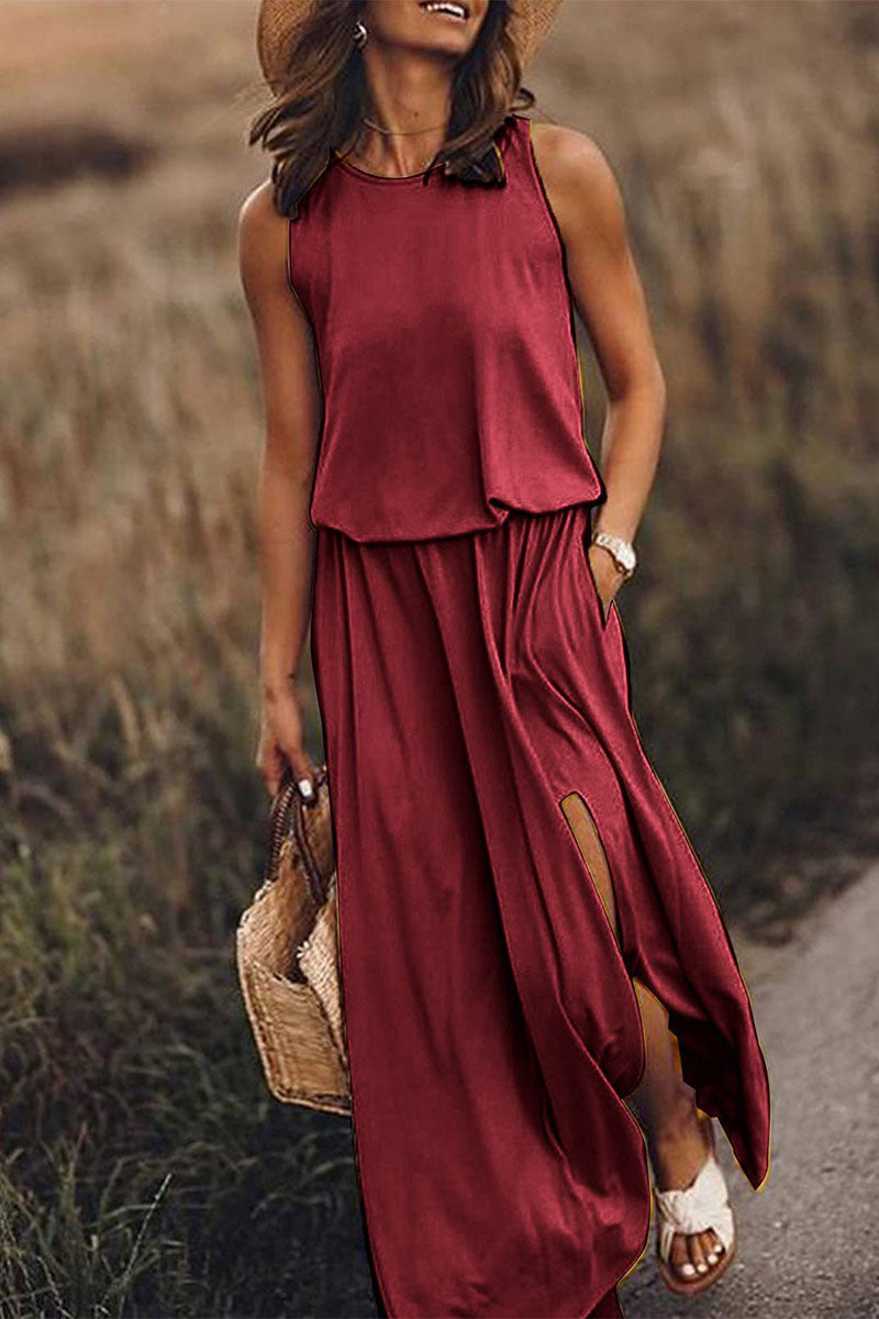 Work Elegant Solid Slit O Neck A Line Dresses