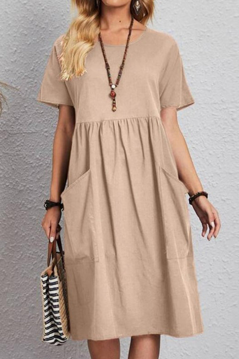 Casual Simplicity Solid Pocket O Neck Short Sleeve Dress Dresses