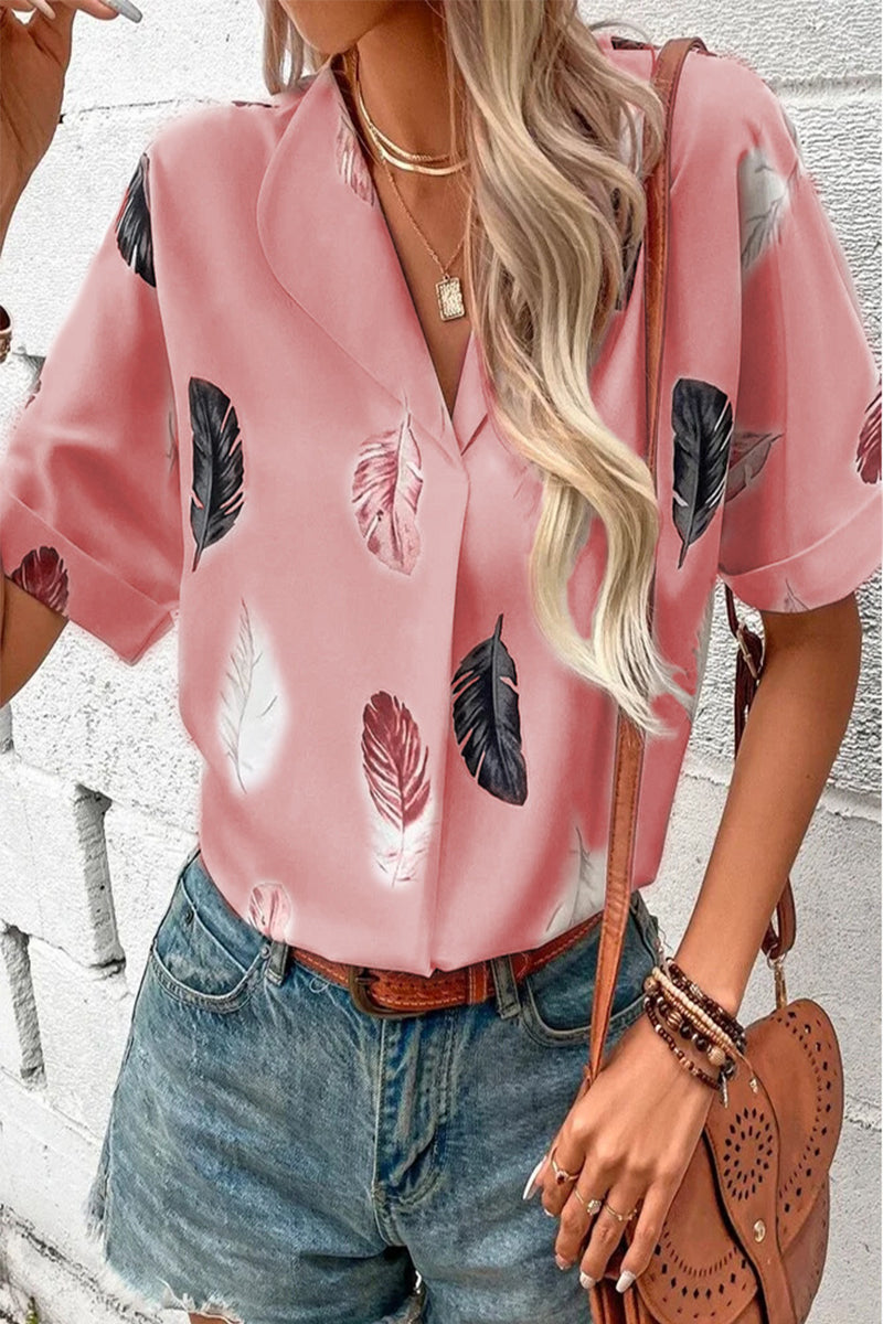 Casual Print Patchwork Turndown Collar Tops