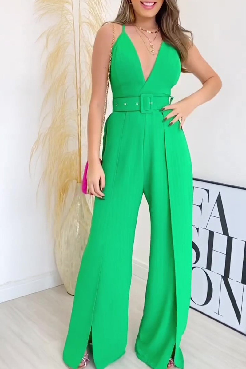 Celebrities Elegant Solid With Belt V Neck Regular Jumpsuits(4 Colors)