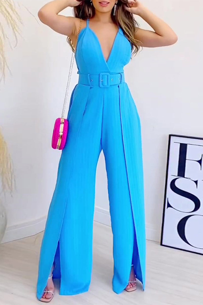 Celebrities Elegant Solid With Belt V Neck Regular Jumpsuits(4 Colors)