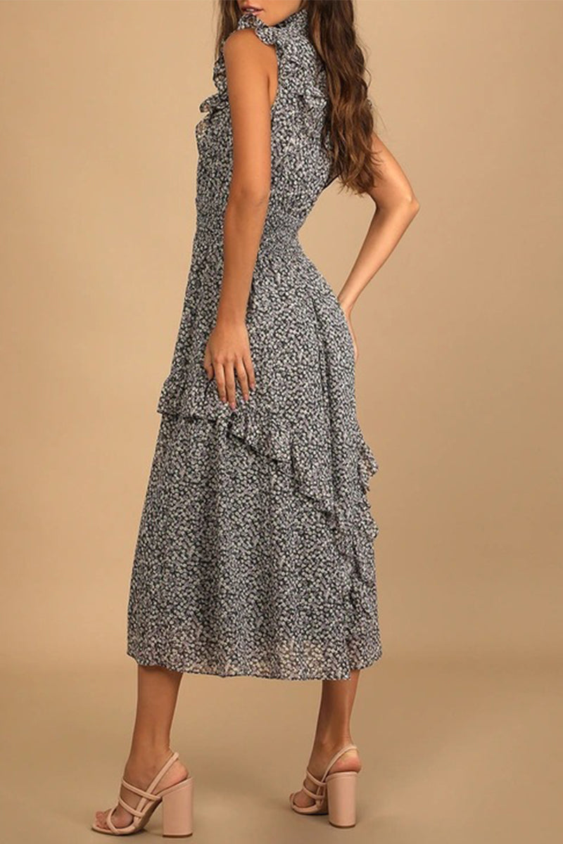 Elegant College Floral Patchwork Turtleneck Waist Skirt Dresses