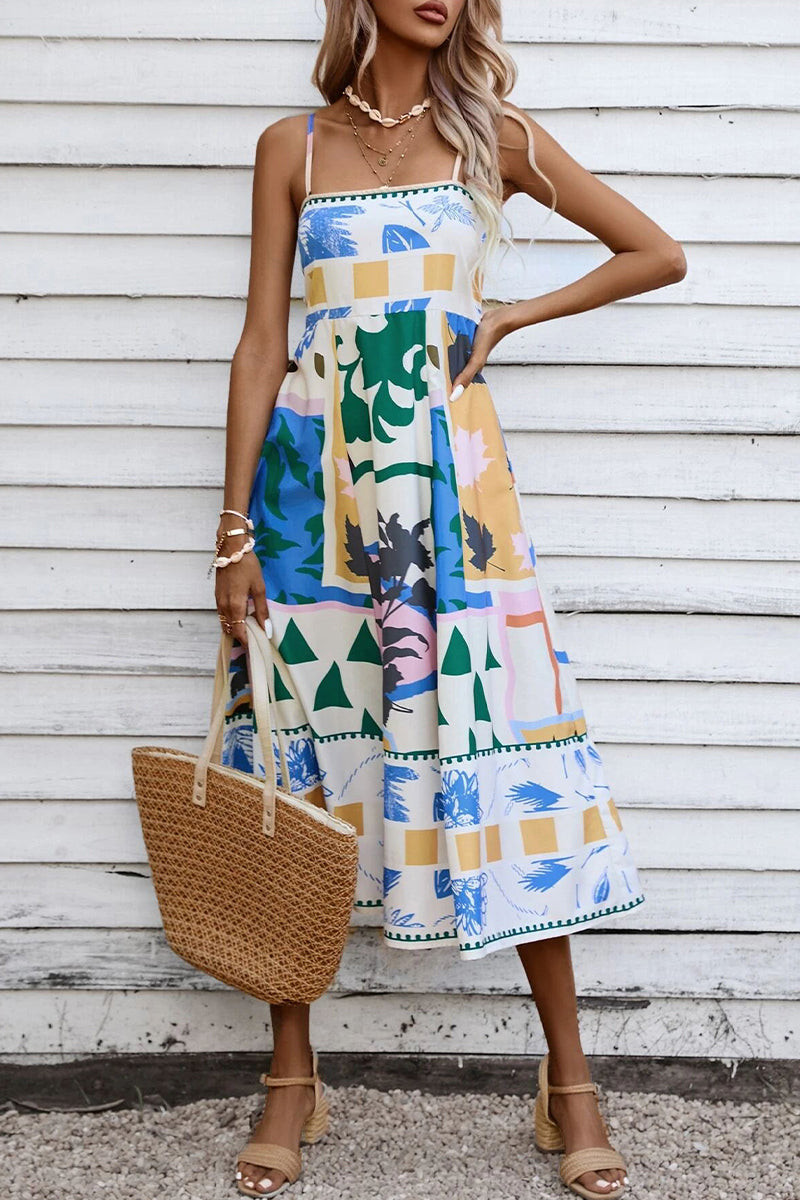 Sexy Print Patchwork Square Collar Sling Dress Dresses