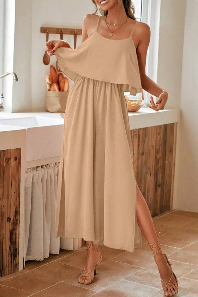 Sweet Elegant Solid Flounce U Neck Straight Jumpsuits(5 Colors)