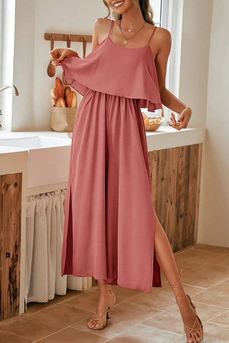 Sweet Elegant Solid Flounce U Neck Straight Jumpsuits(5 Colors)