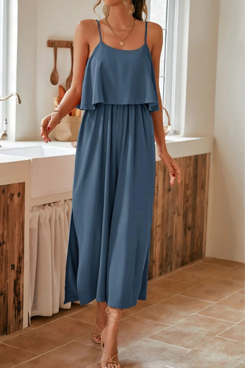 Sweet Elegant Solid Flounce U Neck Straight Jumpsuits(5 Colors)