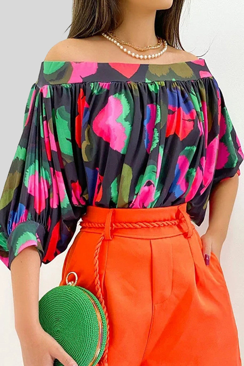 Casual Print Patchwork Off the Shoulder T-Shirts