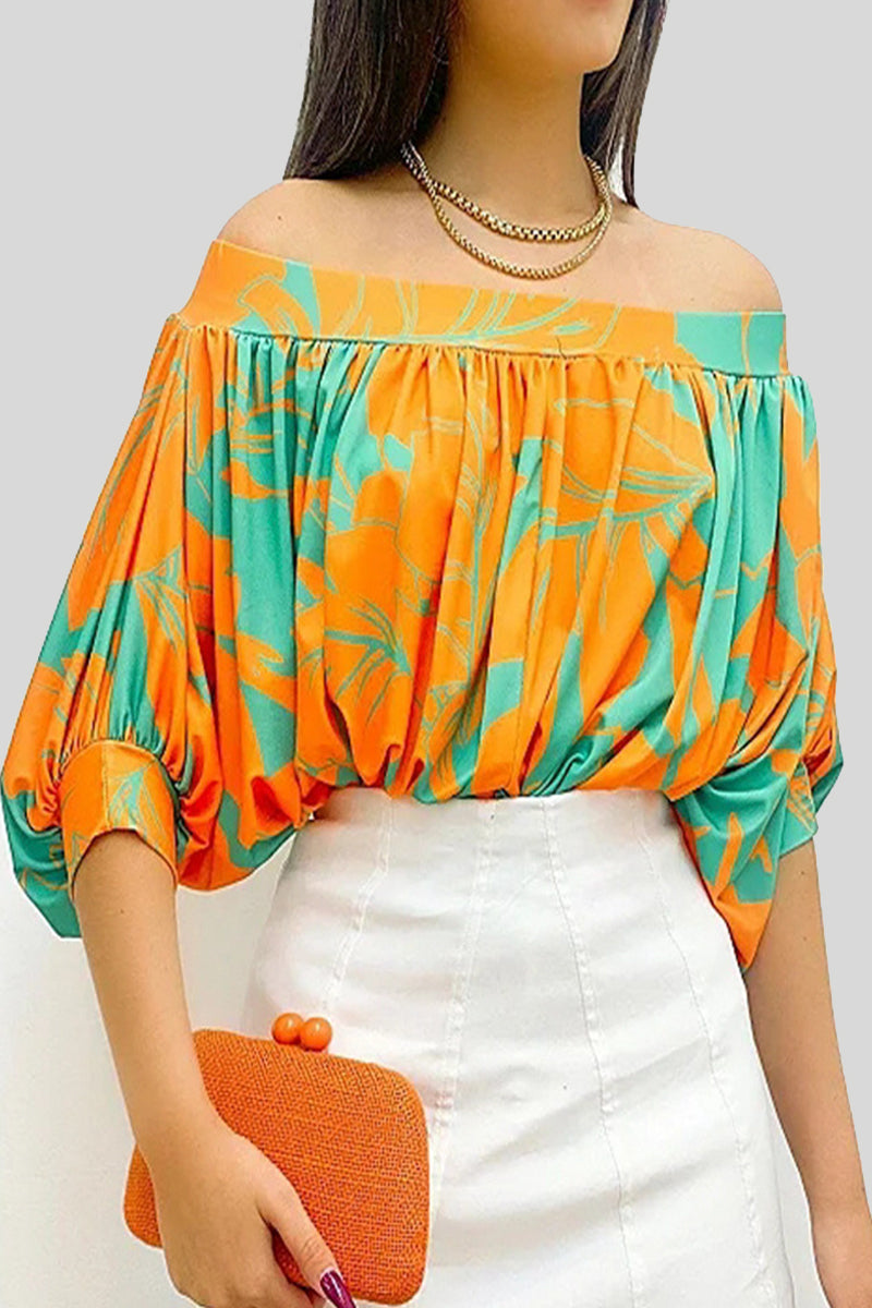 Casual Print Patchwork Off the Shoulder T-Shirts