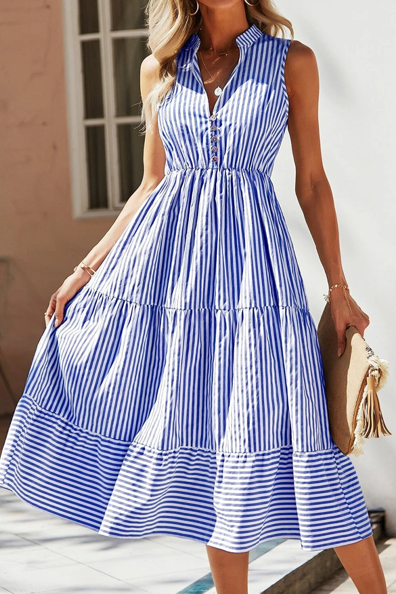 Sweet Elegant Striped Patchwork Mandarin Collar Sleeveless Dress Dresses