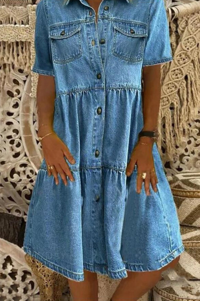 Casual Solid Patchwork Turndown Collar Short Sleeve Loose Denim Dresses