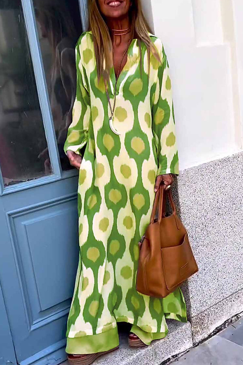 Casual Geometric Print Patchwork V Neck Printed Dress Dresses