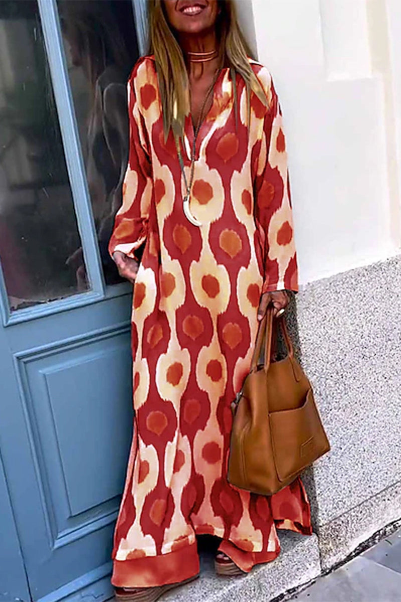 Casual Geometric Print Patchwork V Neck Printed Dress Dresses