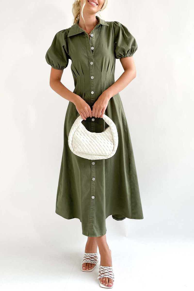 Casual Solid Buckle Turndown Collar A Line Dresses