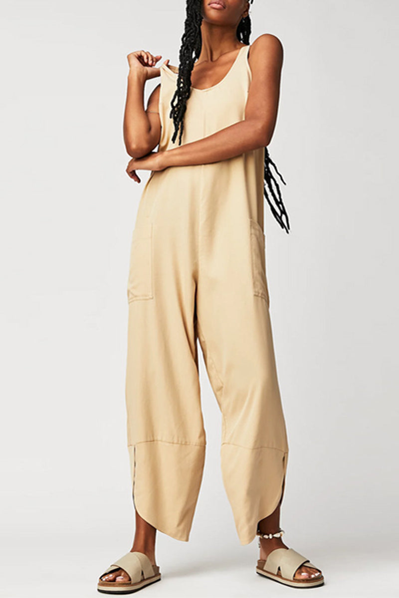 Casual Solid Pocket V Neck Loose Jumpsuits