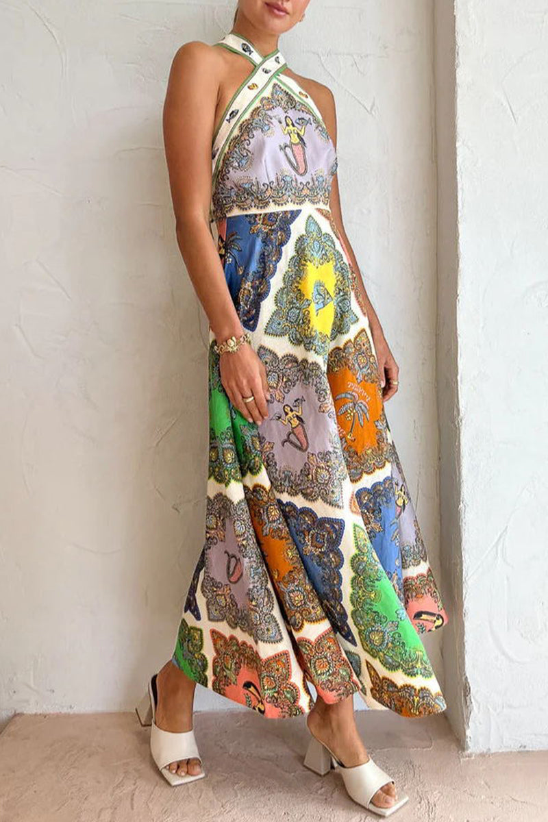 Sweet Cute Geometric Printing Halter Sleeveless Dress Dresses