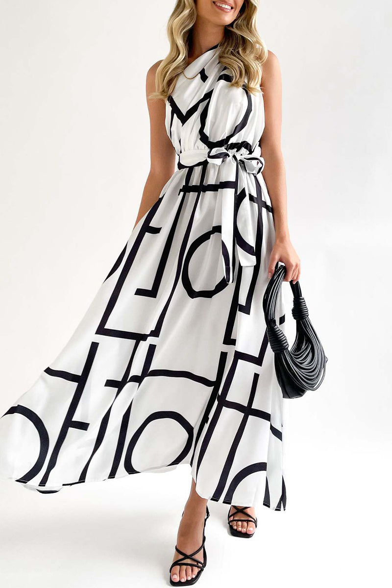 Street College Geometric Printing Oblique Collar Sleeveless Dress Dresses