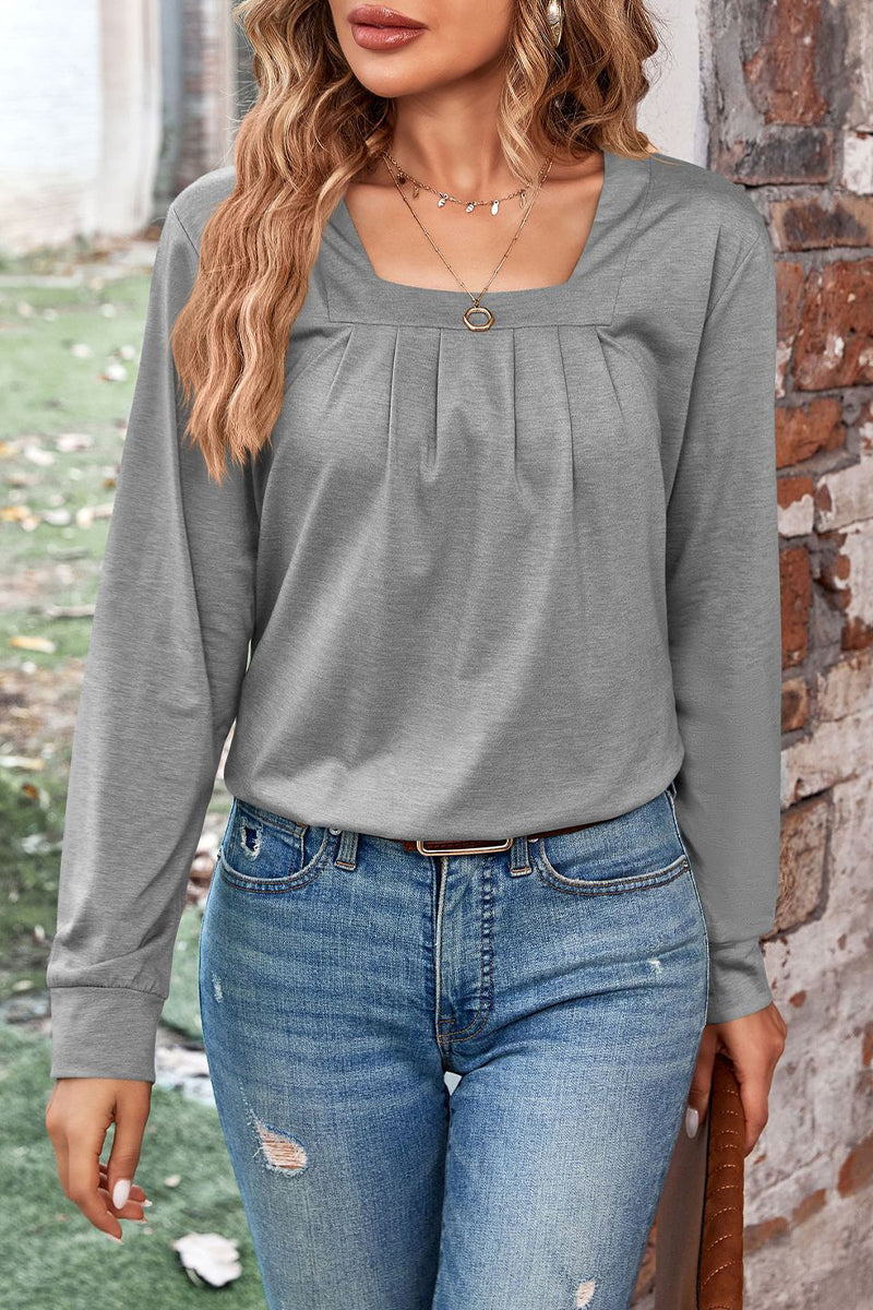 Casual Solid Fold Square Collar Tops