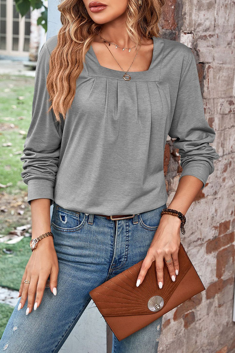 Casual Solid Fold Square Collar Tops