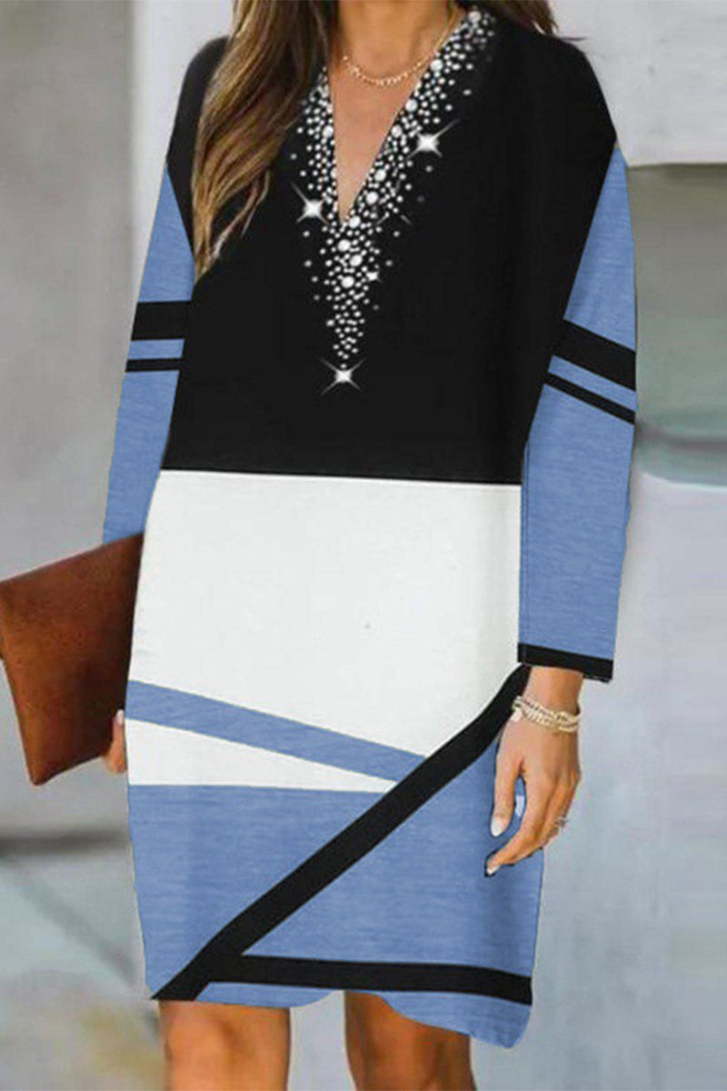 Casual Color Block Contrast V Neck Long Sleeve Dresses