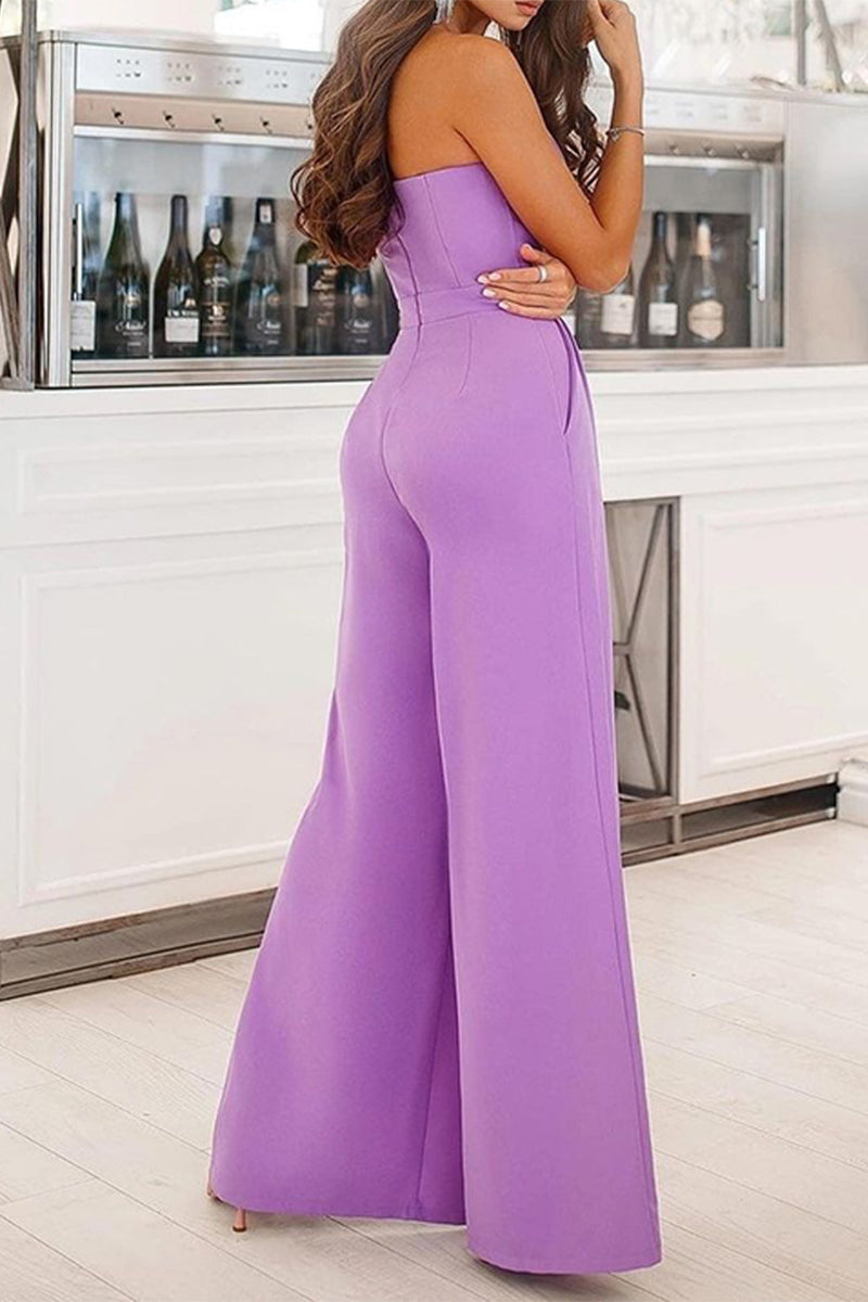 Casual Solid Pocket Slit Strapless Regular Jumpsuits