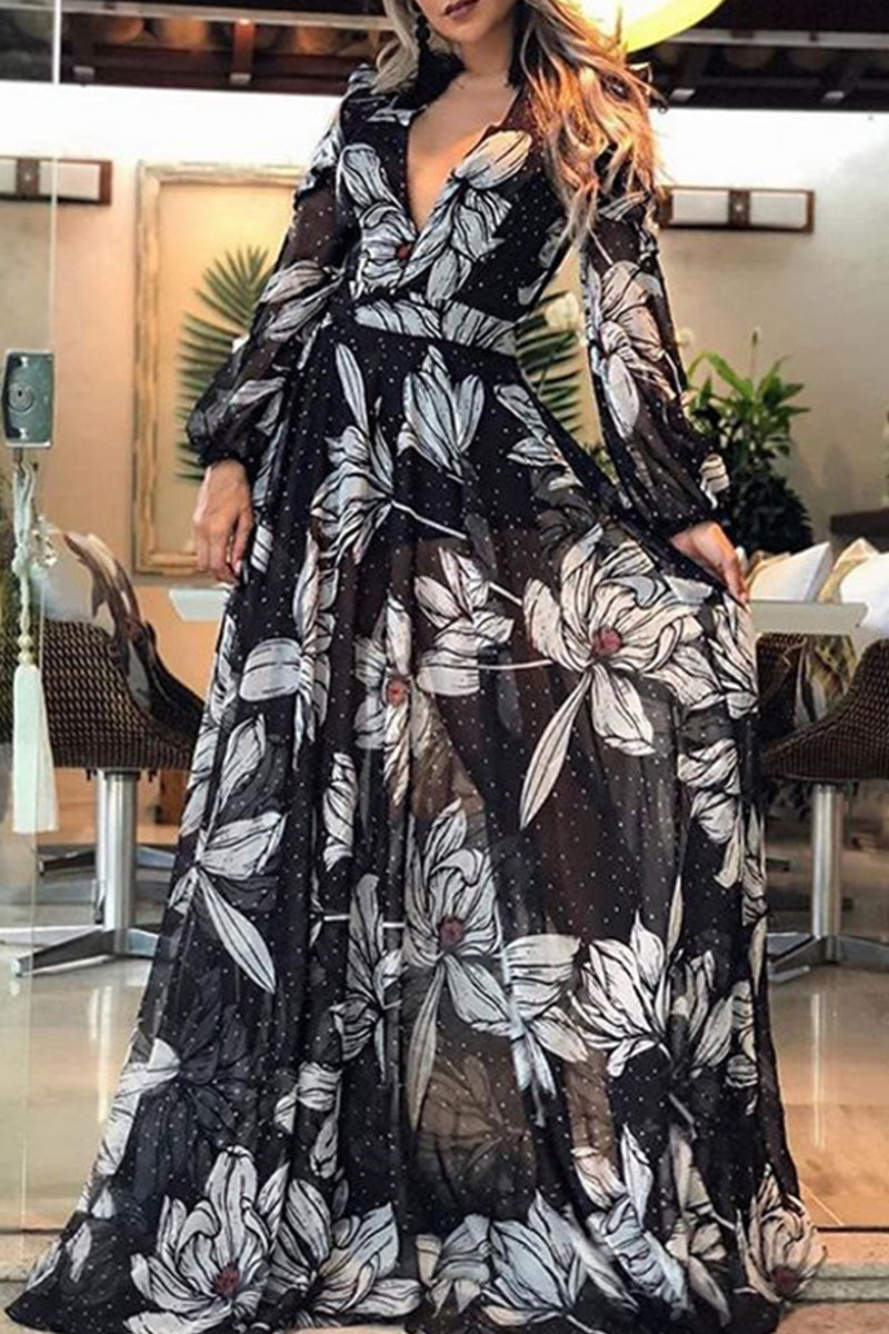 Elegant Floral Patchwork V Neck Printed Dress Dresses