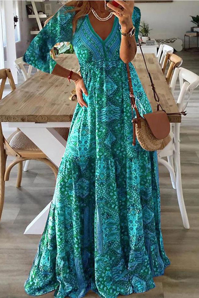 Elegant College Geometric Printing V Neck Long Sleeve Dresses