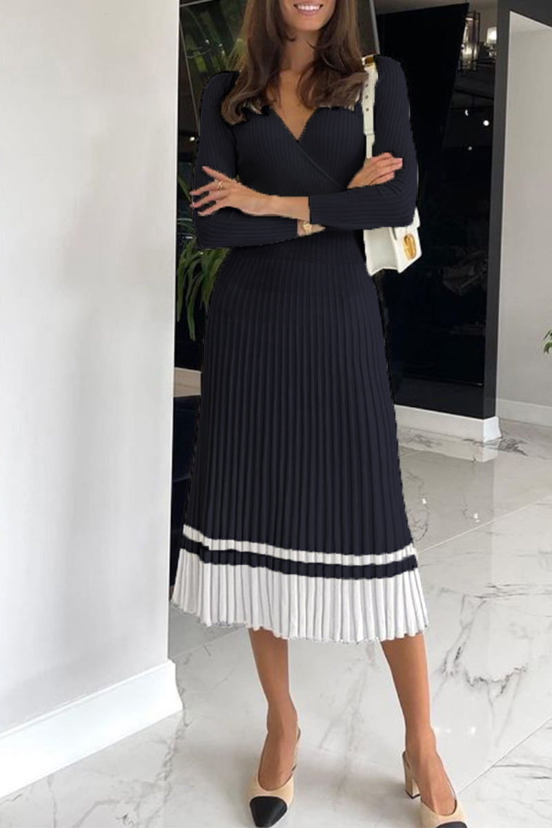 Elegant Striped Patchwork V Neck Pleated Dresses