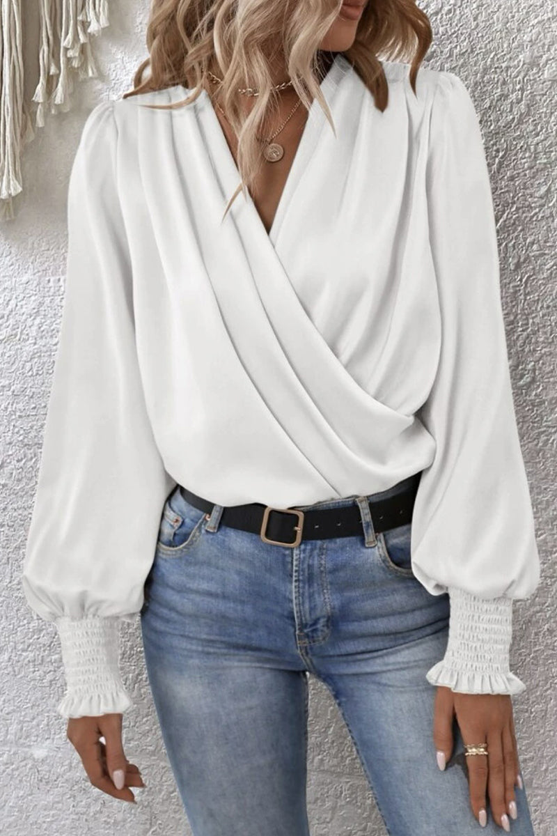 Elegant Solid Fold V Neck Tops