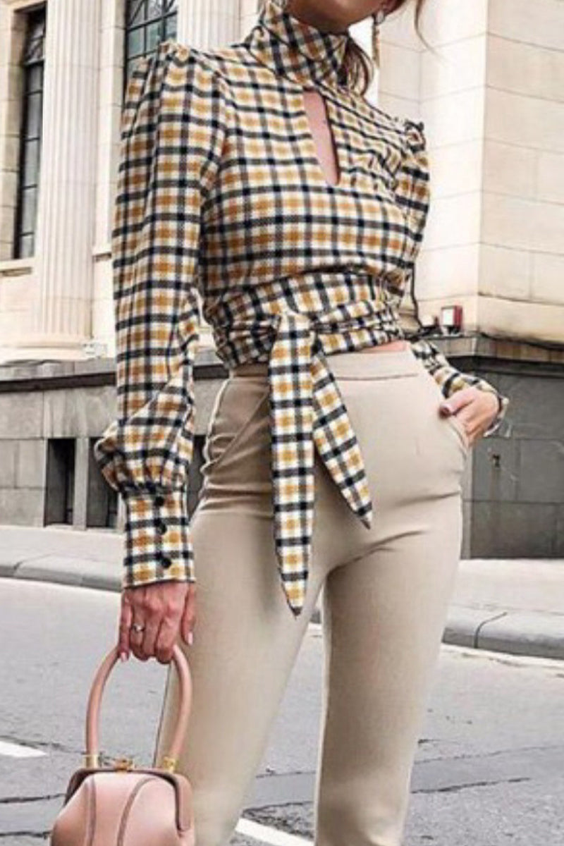 Celebrities Elegant Plaid With Bow Contrast Mandarin Collar Tops