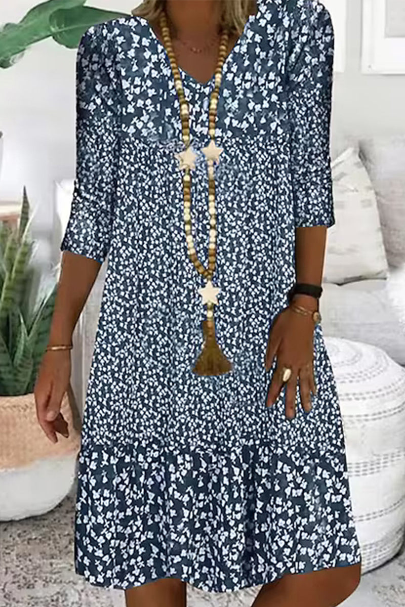 Casual Print V Neck A Line Dresses(4 Colors)