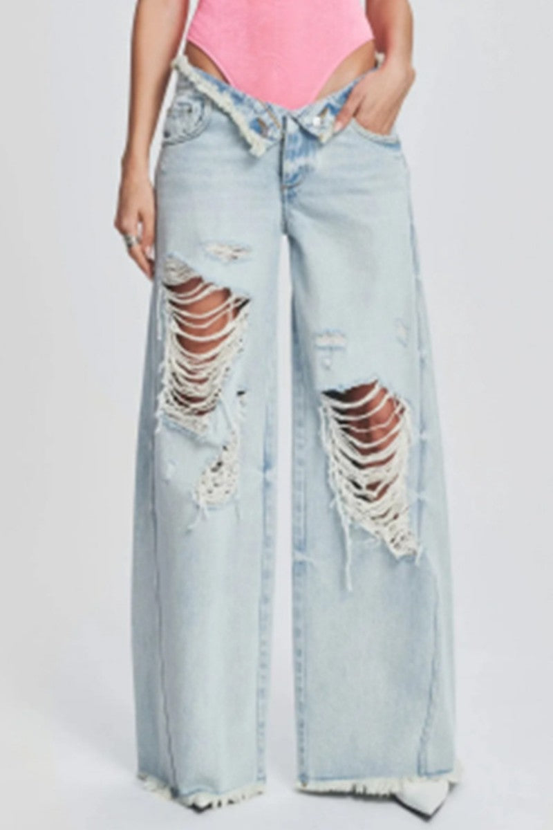 Casual Solid Ripped Patchwork Mid Waist Regular Denim Jeans (Subject To The Actual Object)