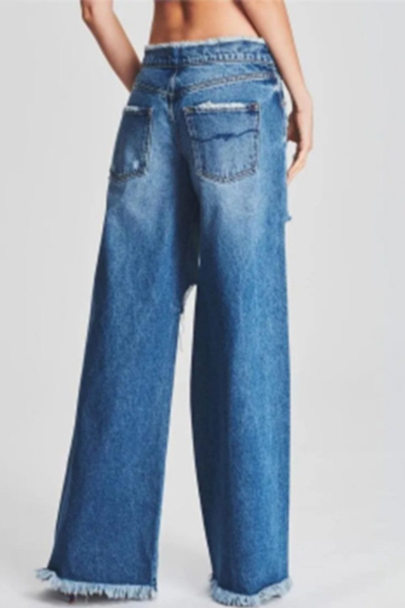 Casual Solid Ripped Patchwork Mid Waist Regular Denim Jeans (Subject To The Actual Object)