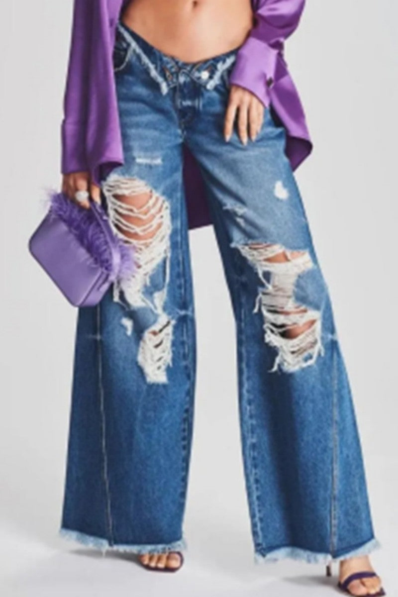 Casual Solid Ripped Patchwork Mid Waist Regular Denim Jeans (Subject To The Actual Object)