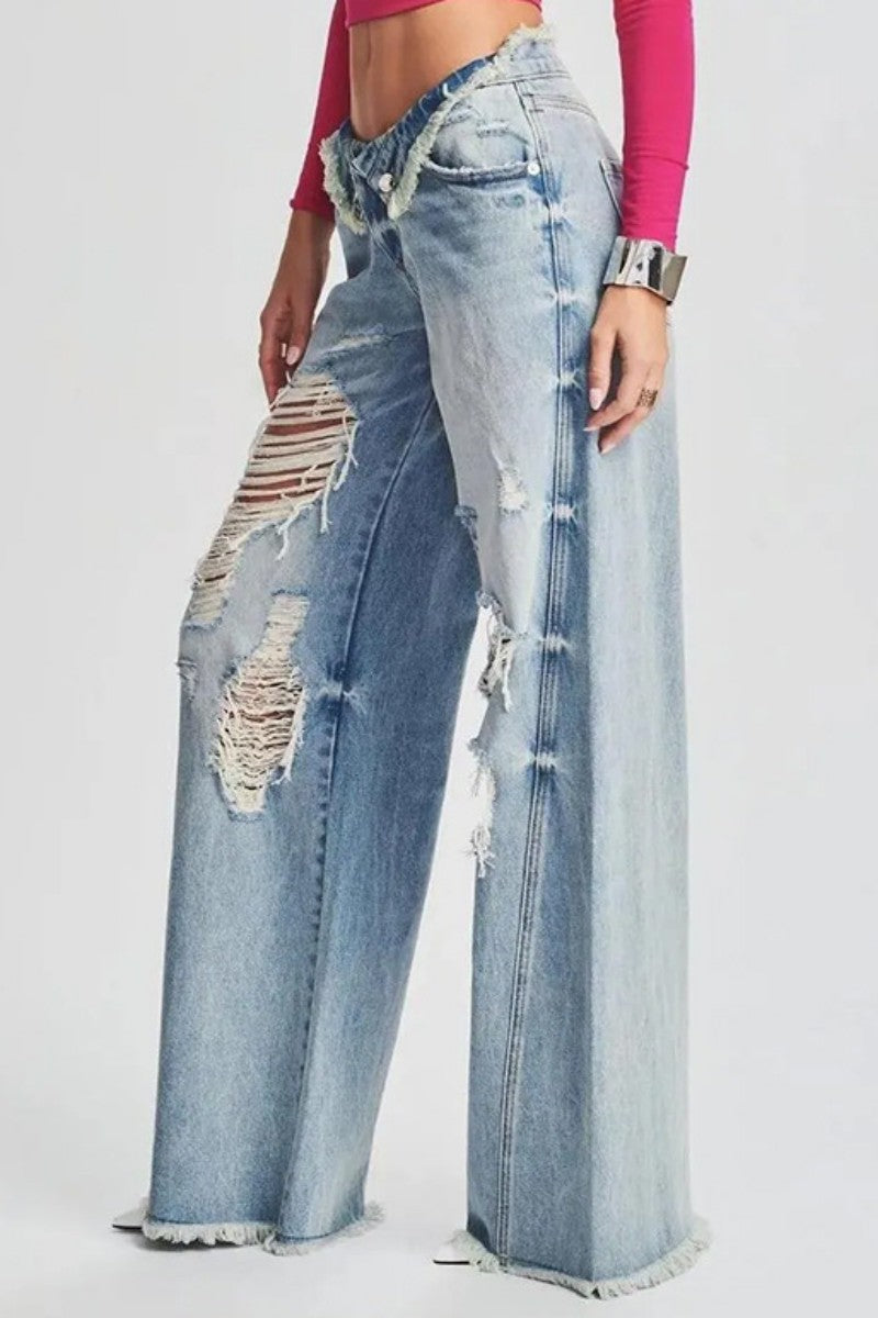 Casual Solid Ripped Patchwork Mid Waist Regular Denim Jeans (Subject To The Actual Object)