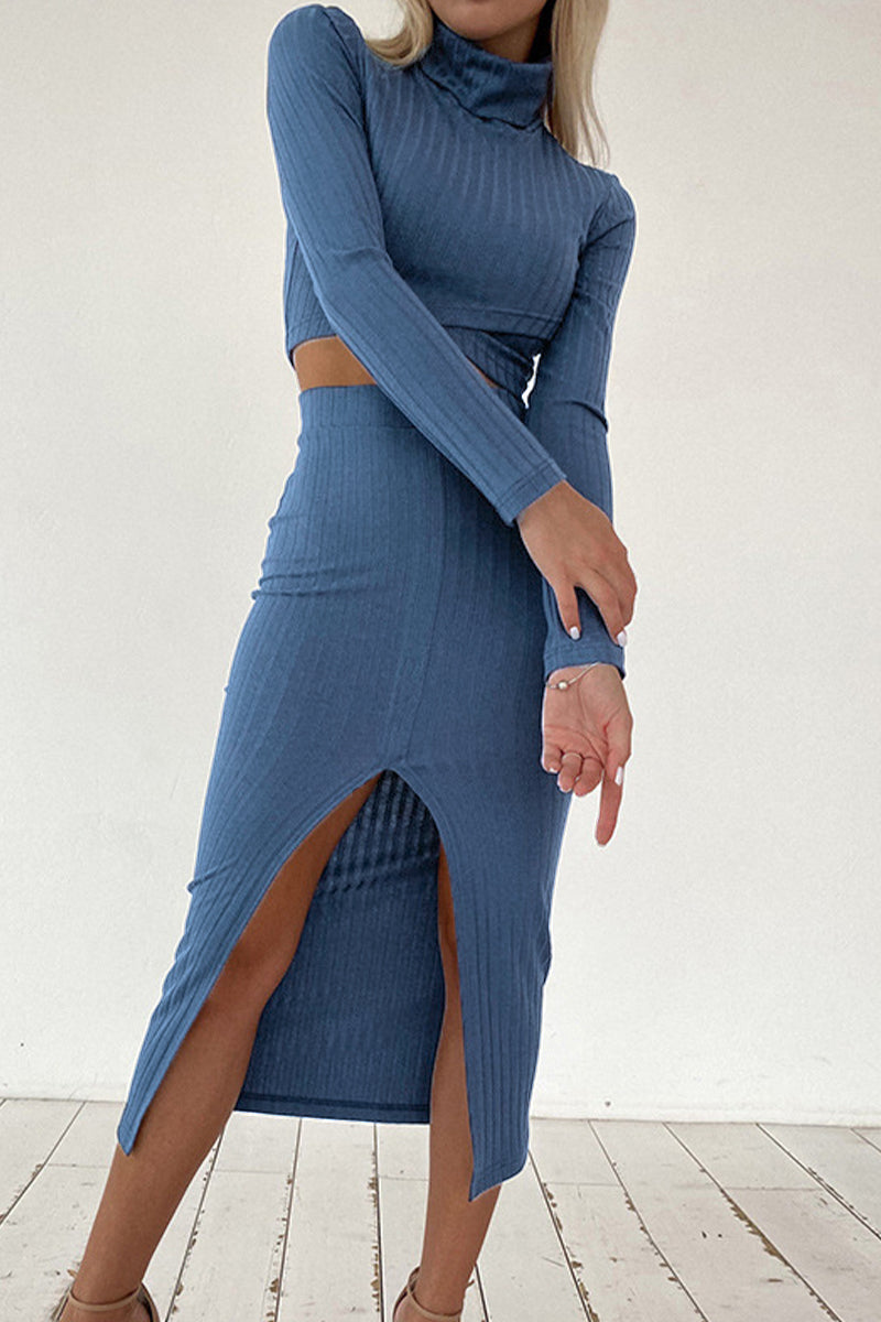 Elegant Solid Slit Turtleneck Long Sleeve Two Pieces