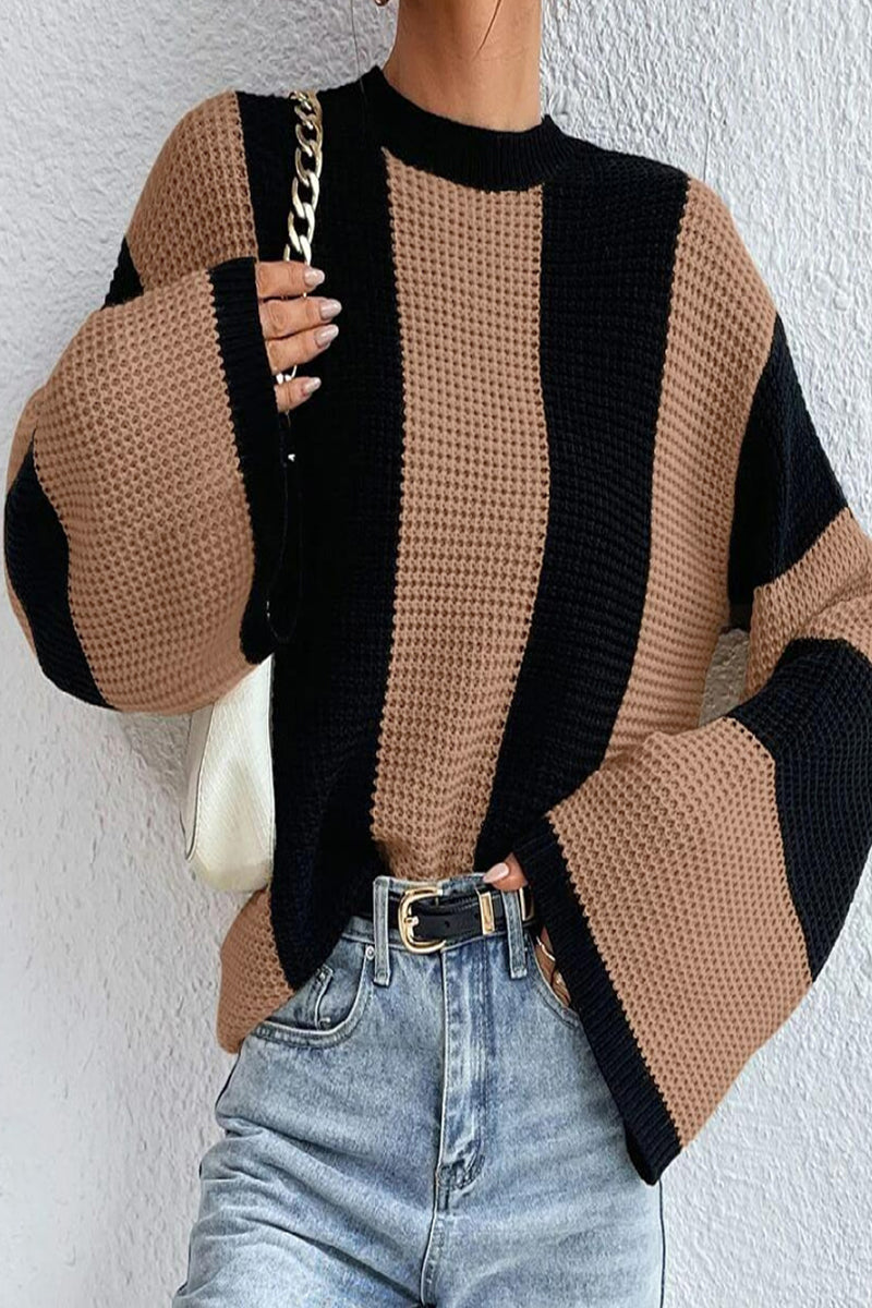 Casual Striped Contrast O Neck Tops