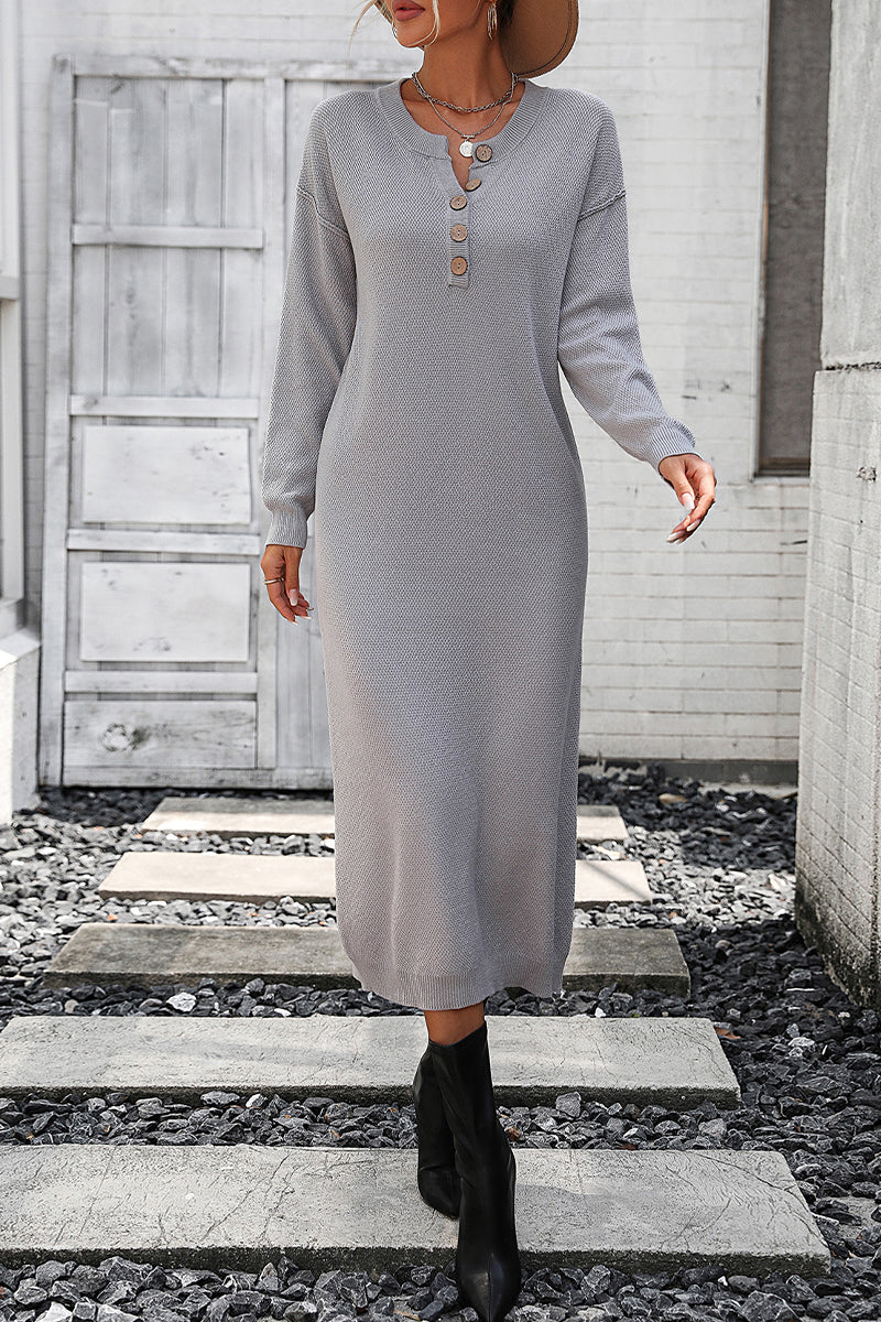 Elegant Solid Buckle O Neck Long Sleeve Dresses