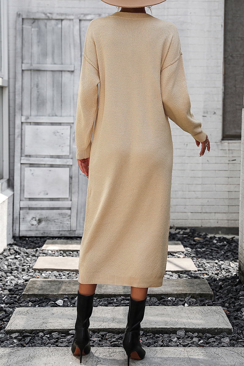 Elegant Solid Buckle O Neck Long Sleeve Dresses