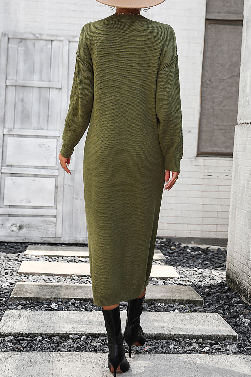 Elegant Solid Buckle O Neck Long Sleeve Dresses