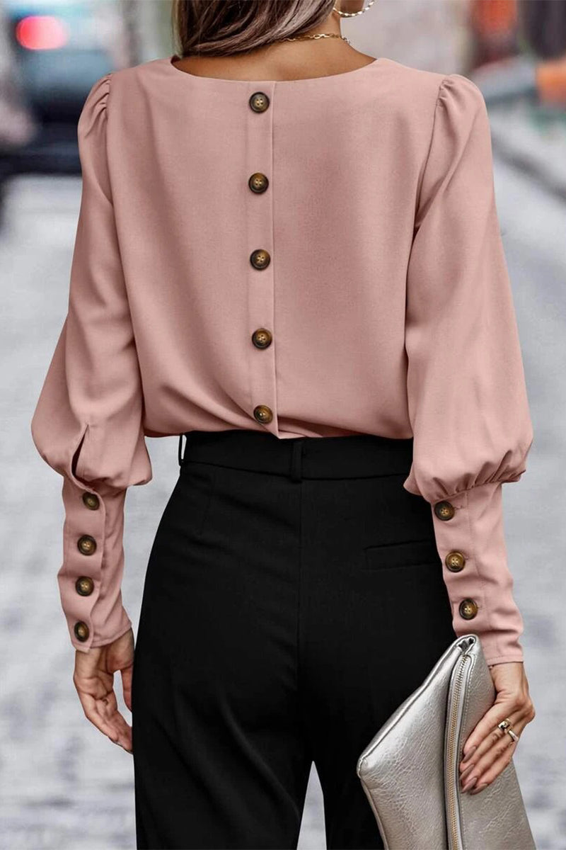 Elegant Solid Buttons O Neck Tops(5 Colors)